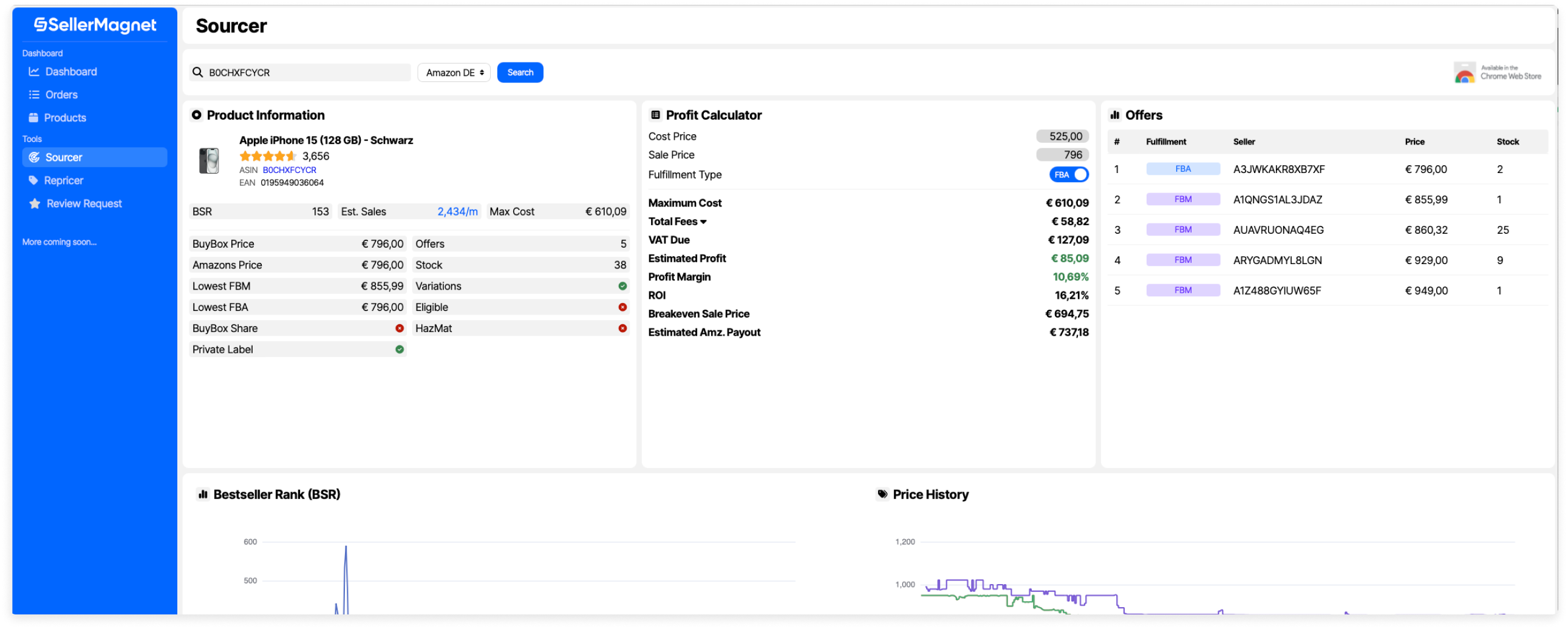 SellerMagnet Dashboard Sourcer Tab