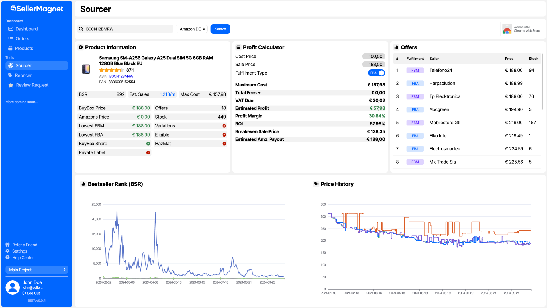 SellerMagnet Amazon Sourcer Dashboard